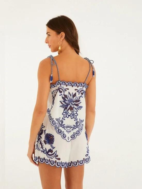 Farm Rio Off-White Garden Tiles Tassels Richelieu Blouse - Picture 6 of 7